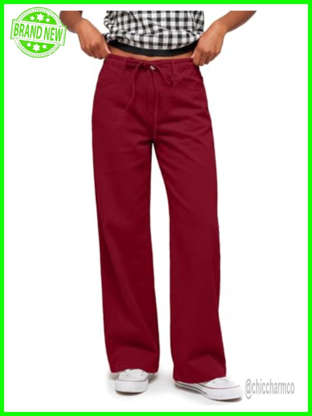 Wide Leg Chino Pants Low Rise Trousers Belt Loop Drawstring Deep Pockets